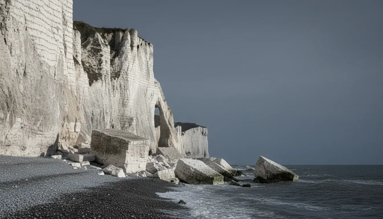 Falaises de craie d'Ault photographiées depuis la plage en hiver, avec blocs récemment effondrés au premier plan