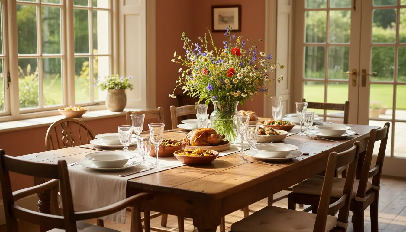 Grande table familiale dressée dans une maison louée pour une fête de famille