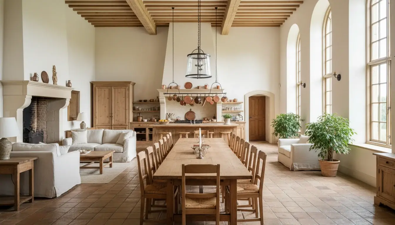 Grande maison de groupe avec longue table et cuisine ouverte pour accueillir un stage